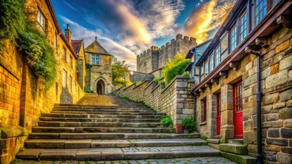 Fototapeta premium The medieval city wall features stone architecture, with steps ascending towards a historic view, embodying the charm and grandeur of ancient urban fortifications.