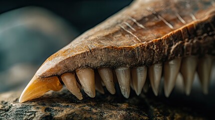 Close-up of a fossilized jawbone with teeth