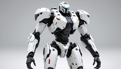 A dynamic model of a battle-ready mech suit displayed on a smooth white surface, emphasizing the power and technology present in sci-fi combat games, Generative AI