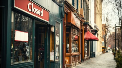 Obraz premium Quiet, empty street with closed shops and storefronts