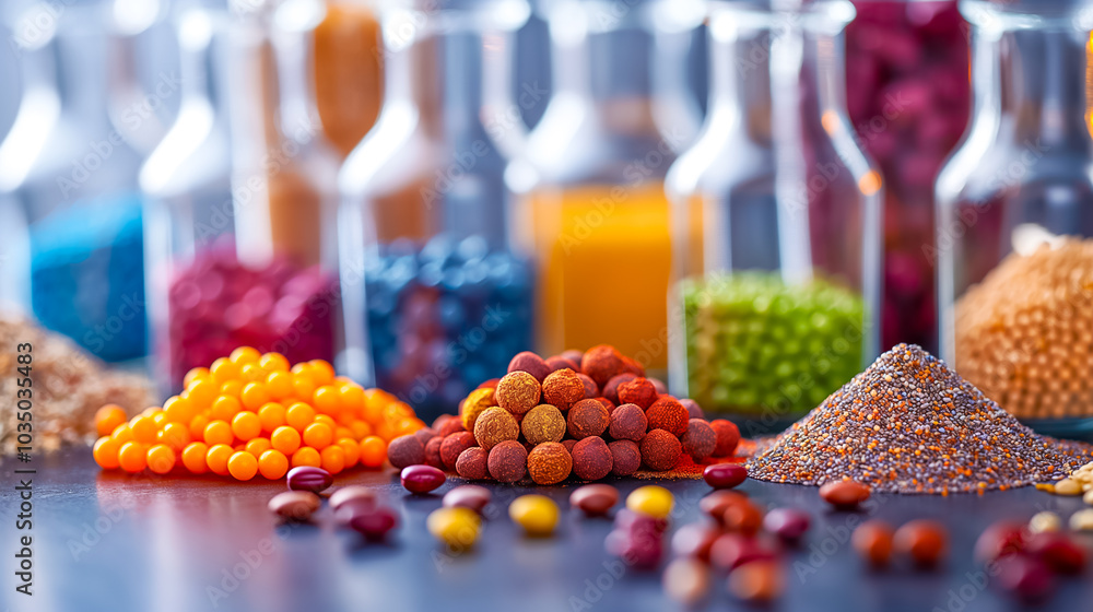 Poster brightly colored spices and ingredients are arranged in small piles on a dark table, surrounded by g