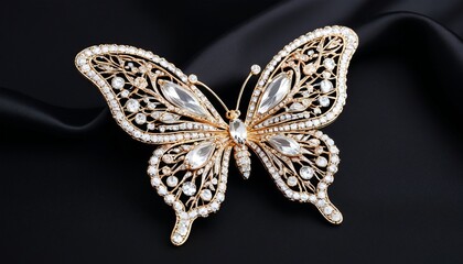 A stylish bridal brooch shaped like a butterfly, adorned with crystals and intricate detailing, resting on a black satin cloth, symbolizing transformation and grace for brides, Generative AI