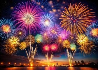 The night sky bursts with color as a vibrant fireworks display erupts, showcasing sparkling, bright lights that create a festive and joyful atmosphere of celebration.