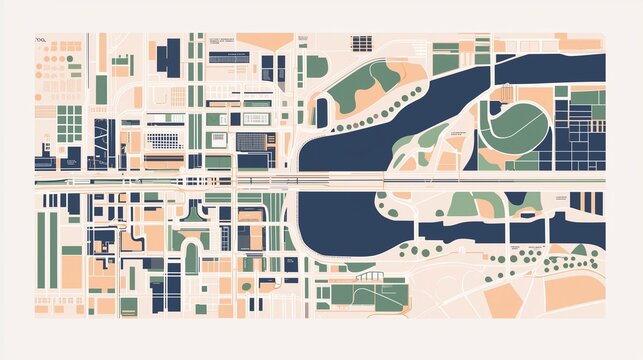 Abstract city map with blocks, roads, and green spaces; minimalist urban planning concept.