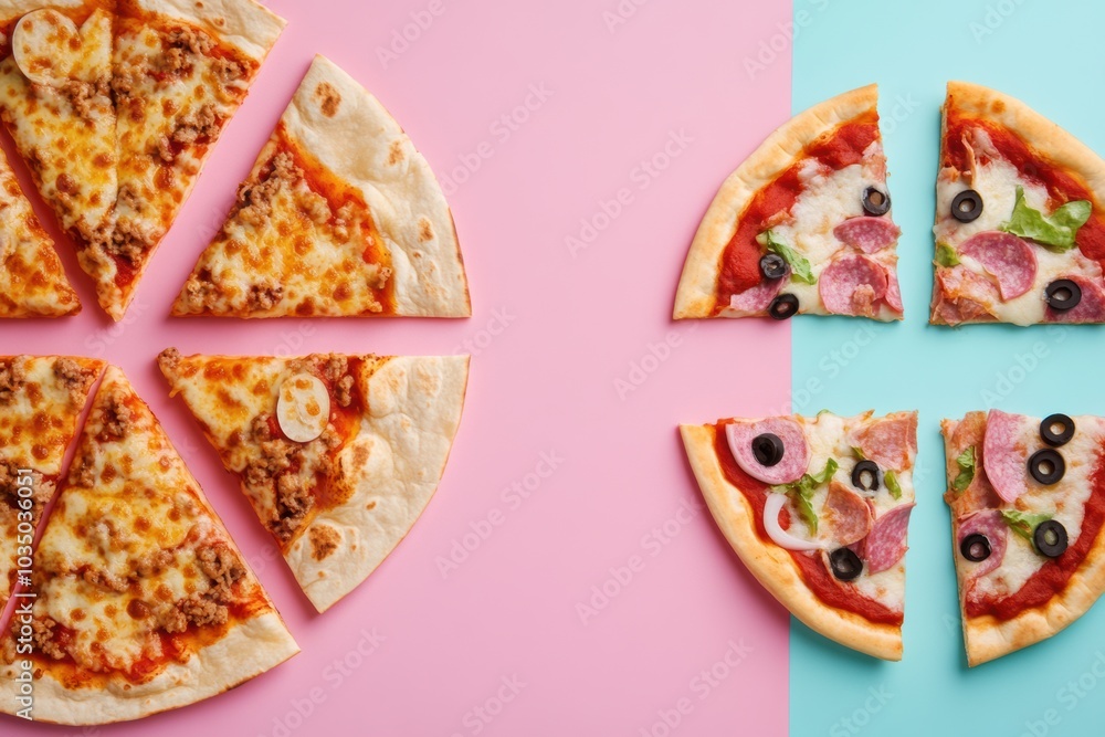 Poster a variety of tacos and pizza slices are artistically displayed in geometric patterns at a bustling s