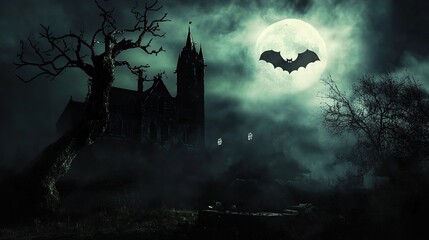 Fototapeta premium A dark night enveloped in an eerie atmosphere, where shadows stretch across the landscape, creating a slightly scary theme. The scene features faintly glowing elements like dimly lit street lamps 