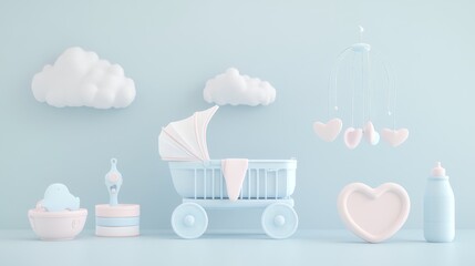 nursery items 3d set in soothing pastels, retro-style pram, powder blue bassinet, pale blue baby...