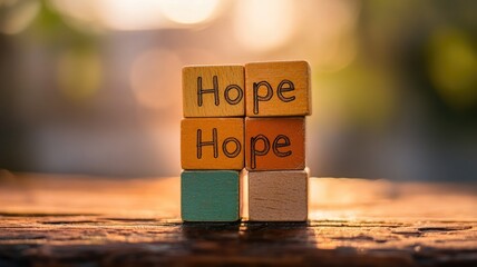 Wooden blocks with word "Hope" in sunlight, symbolizing optimism and positivity