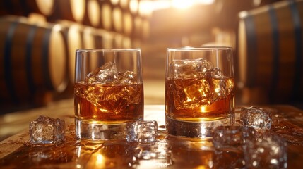Whiskey Glasses with Ice in Barrel Room