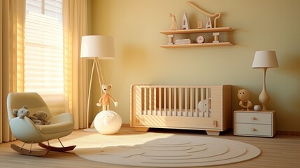 Kids room decorated with crib and rocking chair baby room interior decoration
