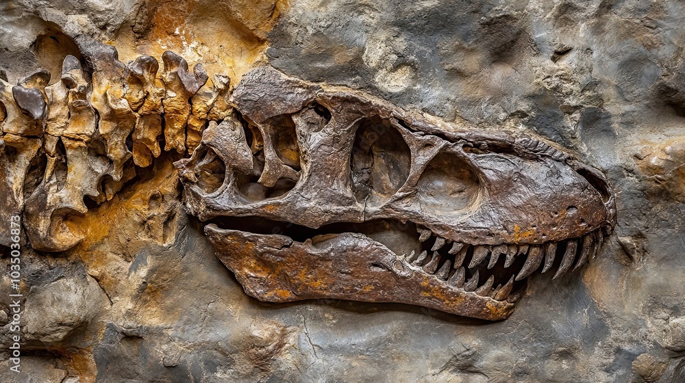 Aufkleber fossilized dinosaur skull embedded in rock