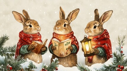 Fototapeta premium Three Rabbits in Winter Wonderland