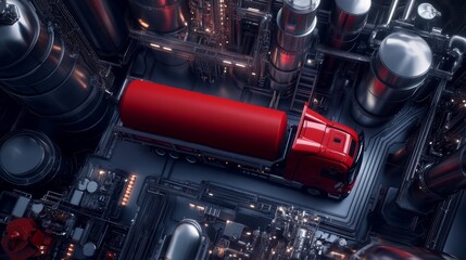 Fototapeta premium A red truck is positioned within a complex industrial setting, surrounded by towering structures and pipes, showcasing a busy transportation hub.