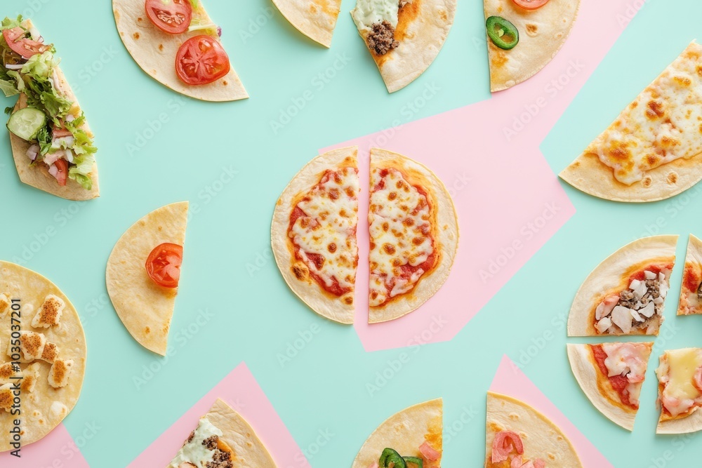 Poster tacos and pizza slices are creatively displayed in a geometric layout on a vibrant teal and pink bac