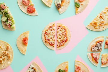 Tacos and pizza slices are creatively displayed in a geometric layout on a vibrant teal and pink background, enticing food lovers. Generative AI