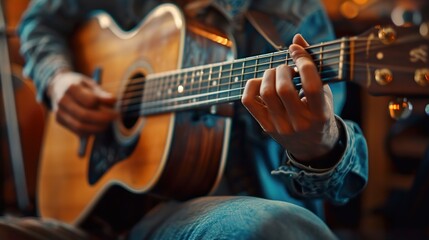 Obraz premium Close-up of a Musician's Hands Playing an Acoustic Guitar