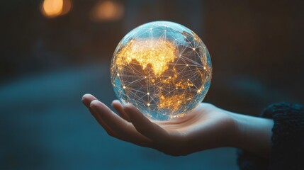 Fototapeta premium A hand holding a globe with connected lines, concept of global communication