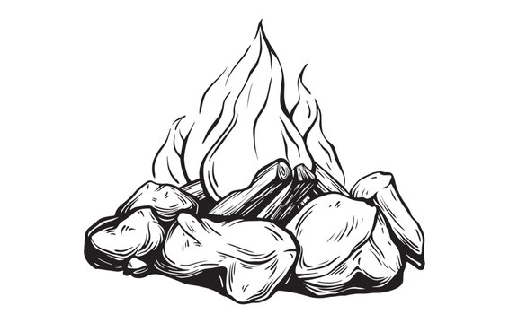 recommend clip art: Hand drawn vector illustration of a Camp Fire in vintage style. Sketch of a campfire or bonfire. Retro bonfire with a flame for summer tourism in the forest. Drawing on a white isolated background.