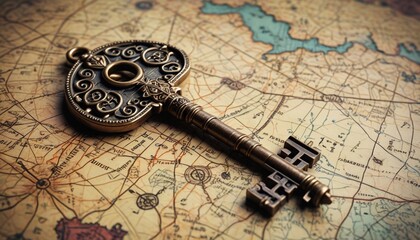 Naklejka premium An ancient key adorned with mysterious symbols, capable of unlocking secrets of forgotten realms, placed on an old map, Generative AI