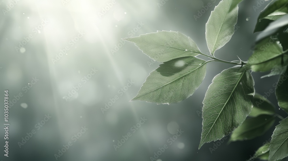 Poster a close-up of green leaves with droplets, illuminated by soft, diffused light, creating a serene and
