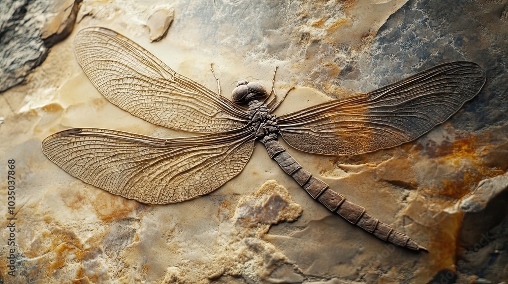 Poster fossilized dragonfly embedded in stone