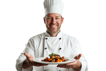 PNG image of A male chef in a traditional white uniform