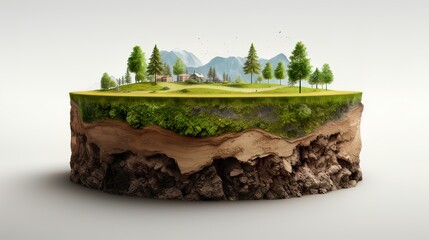 Earth land Soil layers 3D Illustration round soil ground cross section float landscape fantasy floating island