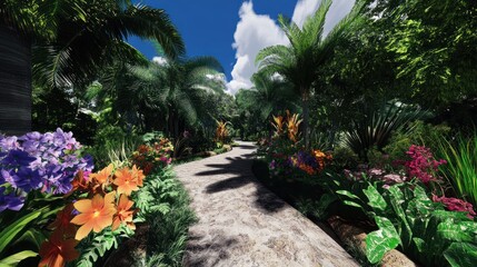 Stone Path Winding Through Lush Tropical Garden