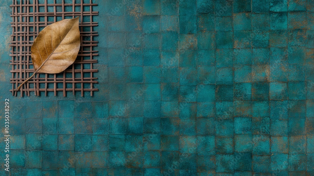 Poster a textured turquoise background features a brown dried leaf placed on a woven grid, creating an orga