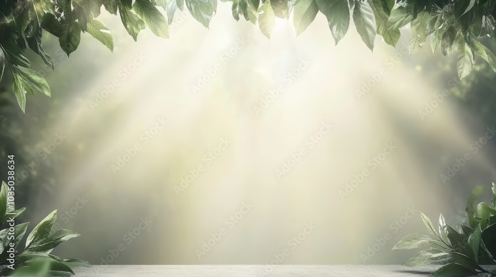 Poster a serene forest scene with soft light filtering through leaves, creating a peaceful and tranquil atm