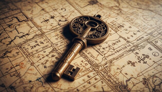 An ancient key inscribed with cryptic symbols, capable of revealing gateways to hidden realms, resting on a faded parchment map, Generative AI
