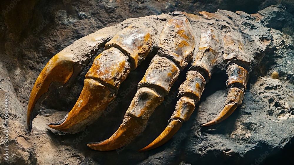 Poster fossilized claw of an ancient creature embedded in rock
