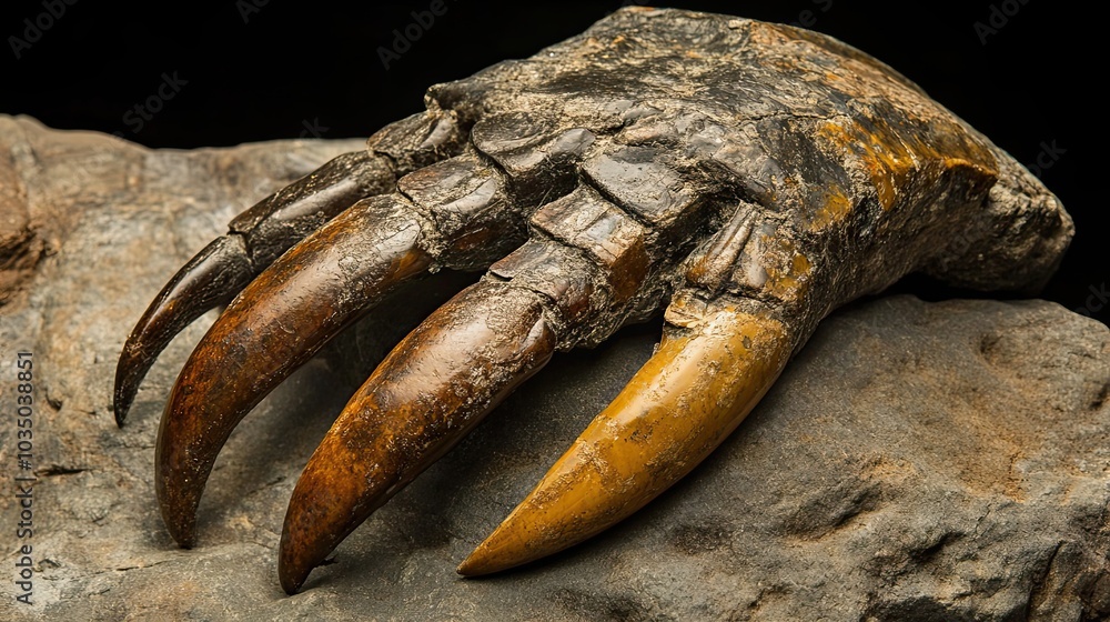 Poster fossilized bear paw with sharp claws on rock
