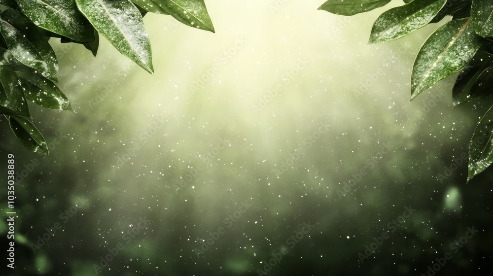 Poster a serene, green backdrop featuring soft light filtering through leaves, creating a tranquil atmosphe