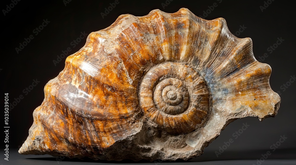 Poster fossilized ammonite shell with intricate spiral pattern