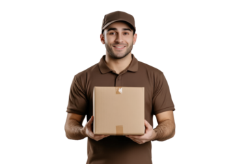 A male delivery driver wearing a brown uniform with a cap, holding a medium-sized cardboard package in both hands.