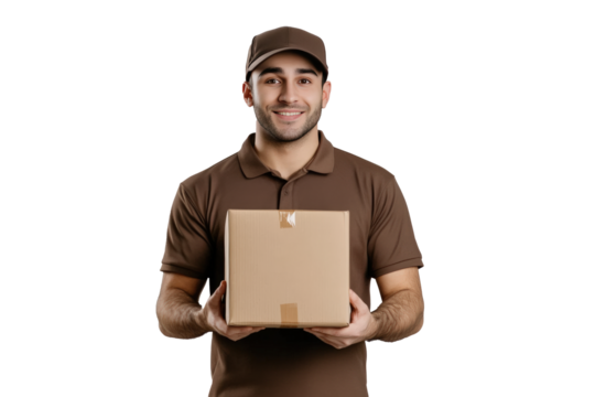 A male delivery driver wearing a brown uniform with a cap, holding a medium-sized cardboard package in both hands. 