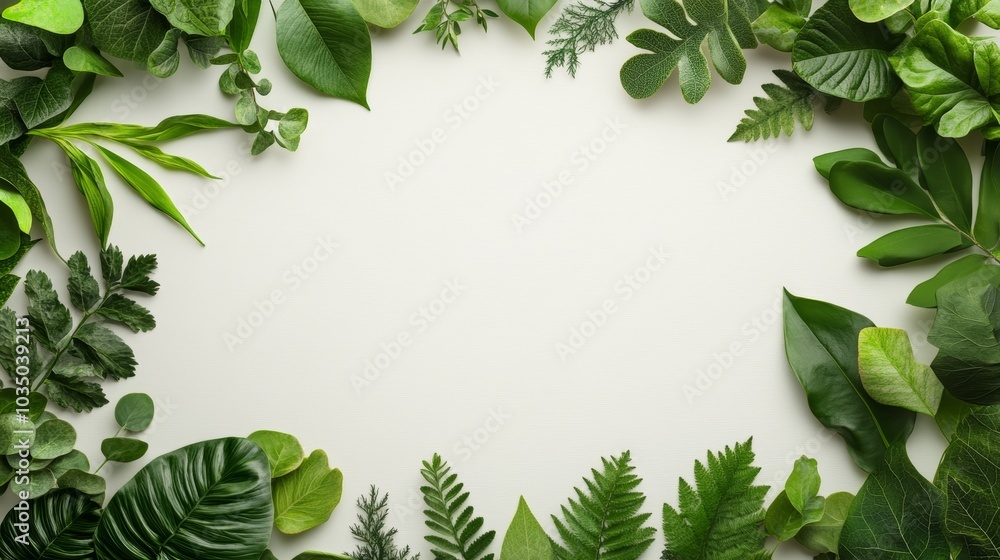Poster a vibrant array of green leaves forms a natural frame on a light background, creating a refreshing a