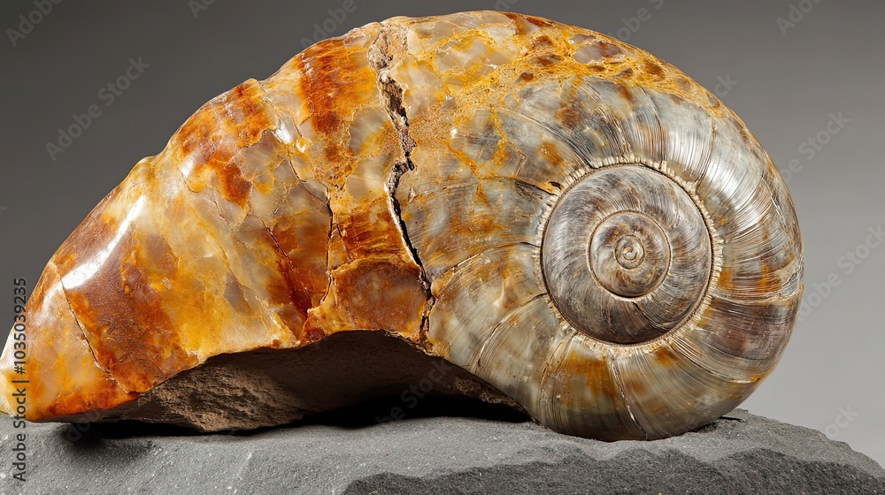 Poster fossilized ammonite shell with intricate spiral and color variations