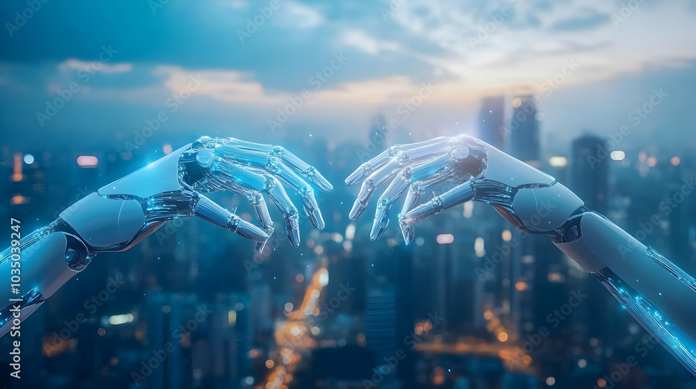 Poster the future of robotics: two robotic hands reaching towards each other in a cityscape