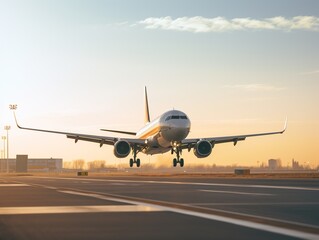 Airplane taking off from the airport. Passenger plane fly up over take-off runway from airport.