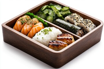 Delicious Bento Box Featuring Onigiri, Grilled Fish, and Fresh Vegetables for a Nourishing Meal
