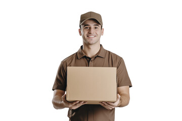 A male delivery driver wearing a brown uniform with a cap, holding a medium-sized cardboard package in both hands. 