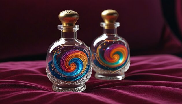 A shimmering elixir of transformation, swirling with vibrant colors, contained in an ornate glass vial, resting on a velvet cushion, Generative AI