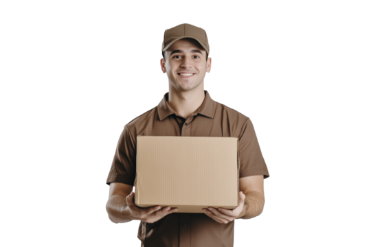 A male delivery driver wearing a brown uniform with a cap, holding a medium-sized cardboard package in both hands. 
