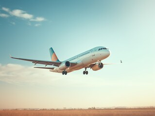 Obraz premium Airplane taking off from the airport. Passenger plane fly up over take-off runway from airport.