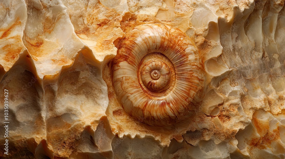 Poster fossilized ammonite embedded in a stone formation