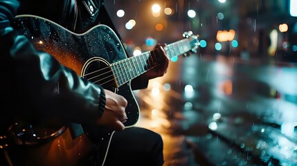 Obraz premium A musician plays an acoustic guitar in the rain on a city street at night.