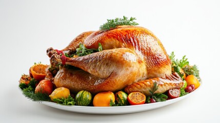Roasted turkey with garnish on a platter, ready for Thanksgiving dinner. Isolated white background