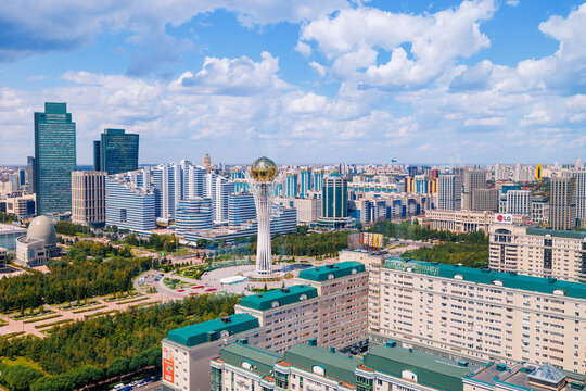 Nur-Sultan, Kazakhstan - July 29, 2024: panorama city Astana center view on Baiterek, summer day